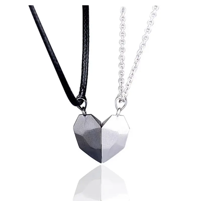 Trendy Couple Sisters Black White Initial Leather Chain Alloy Magnet Heart Pendants Necklaces Women Men Fashion Jewelry