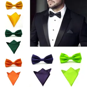 Zijde Effen Business Bowtie Mannen Vintage Paars Gesneden Mode Novelty Ties Zwart Wedding Bow Tie Pocket Plein Zakdoek Set