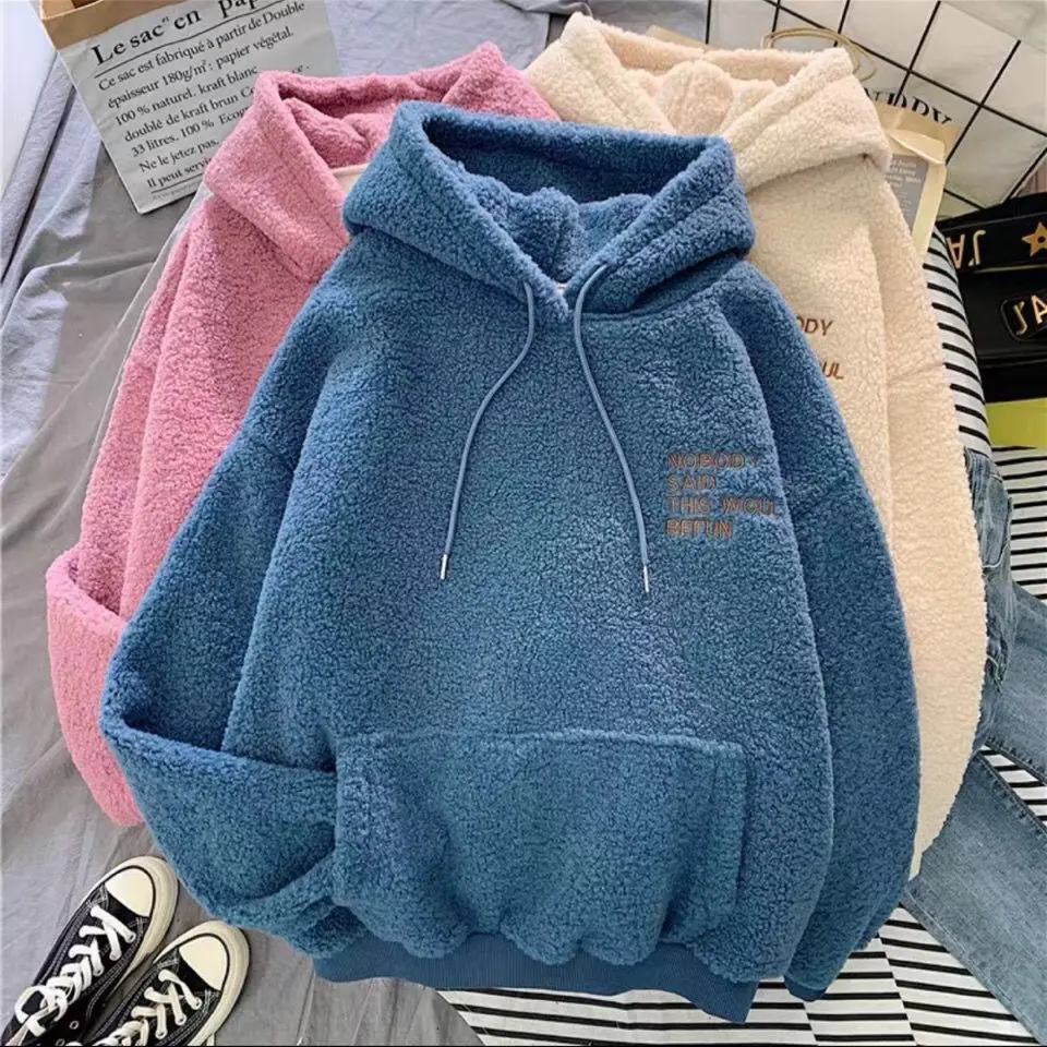 Áo Nỉ Dày Áo Nữ Dáng Rộng Tay Dài Màu Trơn Thường Ngày Áo Chui Đầu Áo Hoodie Nữ Mùa Thu Đông