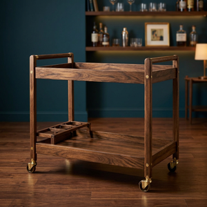 Chariot de bar rectangulaire en bois de noyer brun massif |   Artisanat indien de conception traditionnelle |   Écologique, durable, léger, pour usage extérieur - Product Image 3