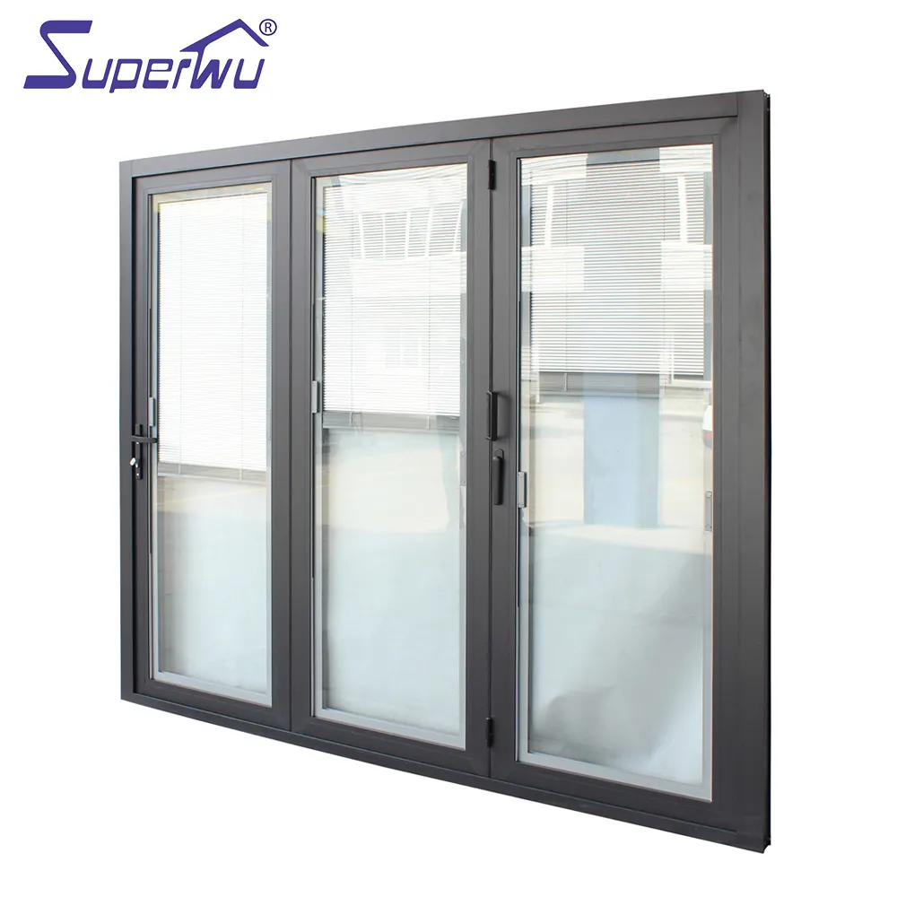 Custom size aluminium frame bi-folding door with three panels with built-in blind retractable flyscreen available