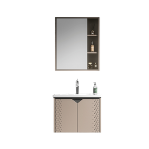Mueble de baño de tamaño pequeño en tonos cálidos, gabinete con espejo inteligente, lavabo blanco, mueble colgante. - Product Image 5