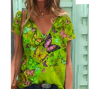 zomer v-hals t-shirts Suppliers-Vrouwen Tops V-hals Tee Cartoon Vlinder Zomer 100% Polyester Print Korte Mouw Casual T-shirt