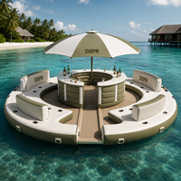 Plateforme flottante gonflable commerciale avec île aquatique, bar château et ponton lounge pour hôtels, resorts, fêtes et événements aquatiques