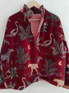 Top Selling Maroon Jungle Print <b>Velvet</b> <b>Jacket</b> Bohemian <b>Velvet</b> Quilted Coat for Parties or Travel Use Available for Factory Price - Product Image 2