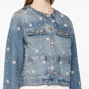 <span class=keywords><strong>Veste</strong></span> <span class=keywords><strong>en</strong></span> <span class=keywords><strong>Jean</strong></span> Boutonnée Classique Lavage Personnalisée pour <span class=keywords><strong>Femme</strong></span> Brodé de Perles et Diamants Style Décontracté Similaire à une Chemise pour Fille - Product Image 4