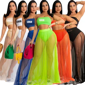 Desain Baru 3 Buah Set Baju Renang Slash Leher Crop Top Jala Gaun Tembus Pandang Set Bikini untuk Wanita Ukuran Besar Pakaian Renang 2022