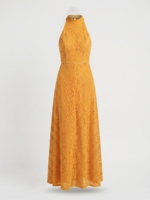 Robe longue vintage formelle d'été pour femme, en dentelle translucide, col halter, bord festonné, sans manches, coupe trapèze