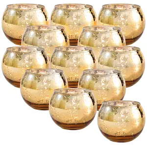 Wholesale Round Glass Electroplated Golden Mercury Tealight Votive Candle Holder and Glass Candle Jars for Home and Wedding Deco