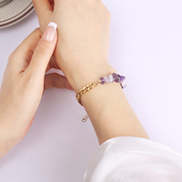 Nouveau Bracelet Double Géométrique Fait Main en Acier Inoxydable Doré avec Gravier de Cristal et Pierre Naturelle, Style Européen Américain pour les Vacances d'Été