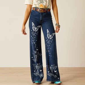 Jean large pour femme, bleu clair, imprimé papillon, en denim de coton non extensible, taille haute, style western 3657 - Product Image 2