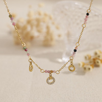 Collier Pendentif Cercle en Acier Inoxydable Plaqué Or 18K avec Perles de Tourmaline et Zircon Cubique pour Femme, Style Bohème Délicat, Vente en Gros OEM