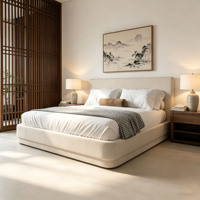 Lit plateforme moderne avec éclairage LED d'ambiance, revêtement en lin beige, cadre de lit durable pour la maison, l'appartement, l'hôtel, commande en gros personnalisée