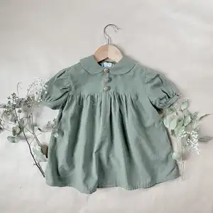 亚麻幼儿女孩服装女孩连衣裙橄榄复古风格连衣裙Peter Pan领婴儿服装