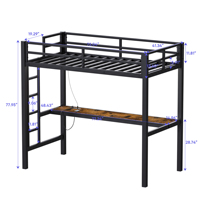 Lit superposé moderne avec bureau intégré, structure métallique, barrières de sécurité, 2 échelles latérales, finition noire thermolaquée, idéal pour appartement, chambre, salon, école
