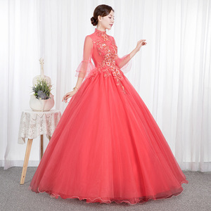 Watermelon Red Long Evening Gown With Puffy Skirt For Stage Performance Women Adult Size 129 Solid Color Polyester Fabric - Product Image 2