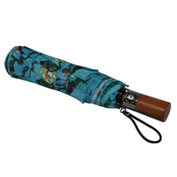 Parapluie de voyage pliable à trois sections coupe-vent avec manche en bois