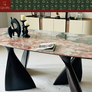 Table à manger ovale en marbre rose GOLDKING Quatre Saisons avec base en métal noir mat à trois cônes pour maison moderne OEM ODM Direct - Product Image 5