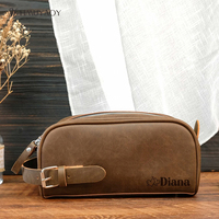 Trousse de Toilette Homme en Cuir Crazy Horse Gravée sur Mesure, Texture Véritable Cuir de Vachette Vintage, pour Voyage et Rasage, Ajustable