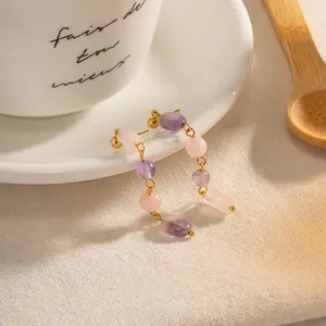 Lateefah OEM天然紫水晶珠宝PVD电镀无褪色钛钢女式耳环
