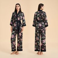 Ensemble de pyjama floral pour femme, robe kimono courte imprimée, pantalon long en satin de soie, ceinture, vêtements de détente haut de gamme