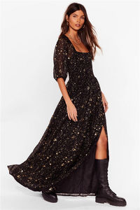 2023 Ladies Black <strong>Star</strong> Print Mesh Square Collar Puff Sleeves Smocked Long Slit Maxi <strong>Dress</strong> for Party - Product Image 3