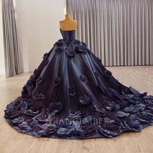 Pour 241136 Vintage 3D fleur Fuchsia dentelle plaine teint taille naturelle soirée robe de bal volants pli chapelle Train - Product Image 4