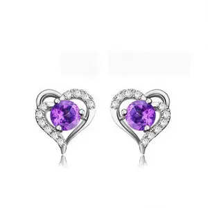 Factory Wholesale Women Custom Purple Cz Stone Brass Heart Stud Earring