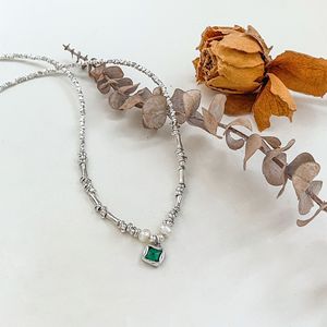 S925 Sterling Silver <b>Emerald</b> Zircon Bamboo Necklace Geometric Solitaire <b>Pendant</b> For Women Everyday Wear Collarbone Chain - Product Image 2