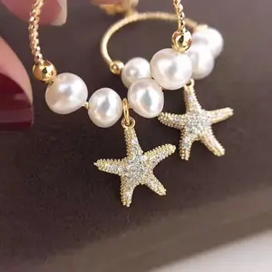 Trendy Elegant Style Natural Pearl Women 14k Gold Jewelry Starfish Shell Drop Earring