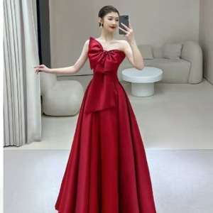Women's Bow Evening Gown Wine Red Satin One-Shoulder A-Line Empire Waist Long Dress For Banquets And Birthdays - Product Image 1