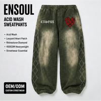 Pantalon de survêtement pour homme, personnalisé OEM, 400 g/m², 100 % coton, imprimé DTG, délavé à l'acide, orné de strass, taille élastique