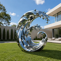 Sculpture moderne abstraite en acier inoxydable poli miroir, motif vague océanique, ornement paysager extérieur, statue d'art métallique