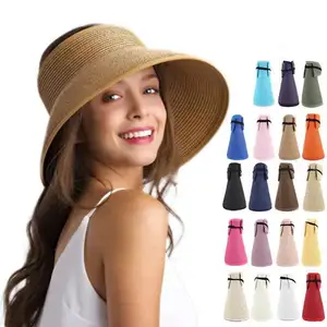 ZG-Sombrero de sol plegable para mujer, visera ancha de ala grande para playa, sombrero de paja, gorra de protección UV