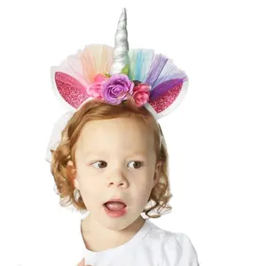 Creative Gift Lovely Elastic Flower Lace Unicorn Horn Headdress Girls Decorative Headbands Party Decoration Halloween Costume