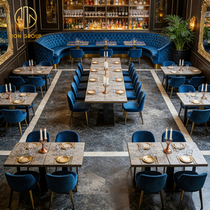 Table ronde carrée de luxe en pierre frittée, canapé banquette en velours bleu foncé, mobilier personnalisé pour hôtels et restaurants - Product Image 6