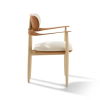 Fauteuil de salle à manger en bois massif, chaise d'appoint incurvée de style Japandi avec dossier recouvert de cuir pour cuisine, salle à manger et café