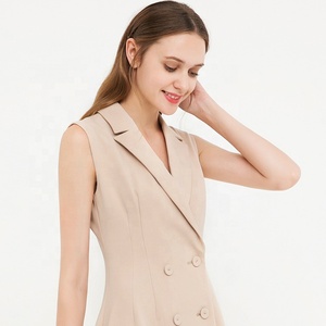 MZ18331-Chaqueta de negocios sin mangas con doble botonadura y cuello de pico, Vestido largo de oficina - Product Image 5