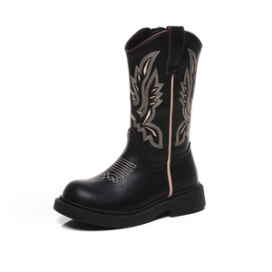 Bottes de cow-boy pour enfants, marron, brodées, rétro, en denim, pour filles, à semelle souple, mi-hautes, en microfibre respirante, antidérapantes - Product Image 6