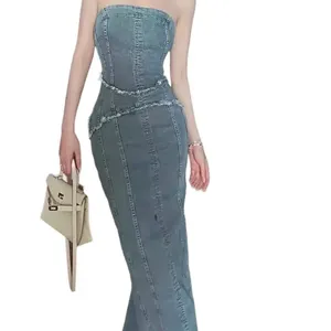 Strapless denim long dresses women's evening dress style fashion new long jean skirt for young ladies