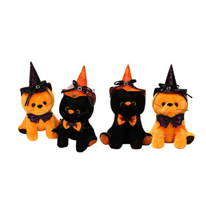 Großhandel niedlich realistisch schwarz orange Halloween Plüsch Katzen spielzeug beliebte Halloween schwarze Katze Tier Plüschtiere mit Band Hut
