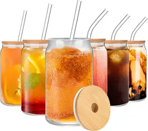 Hot Sale Sublimation 16oz 20oz Libbey Beer Can Shaped Drinking Glasses Mugs Cups with Bamboo Lid and Glass Straw