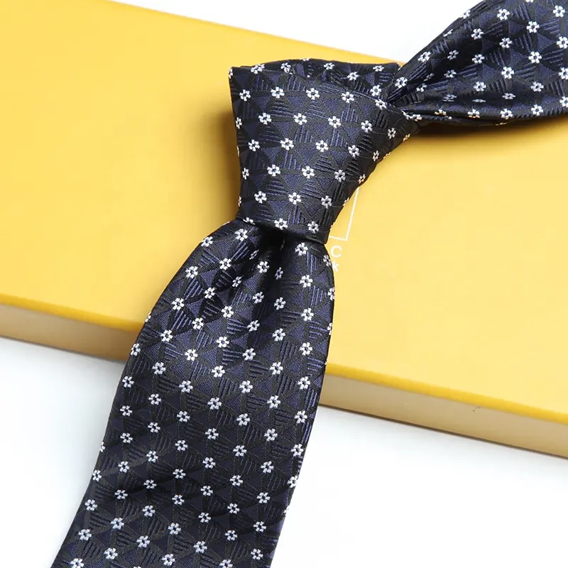 low MOQ high quality business suit mens polyester navy blue and white floral ties men flowered tie 7cm set custom logo gift box