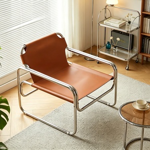 Fauteuil Bauhaus au design moderne et épuré, fauteuil de salon en cuir pleine fleur et acier inoxydable, fauteuil inclinable individuel pour la maison - Product Image 1