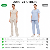 Ensemble de tenue médicale tissée à coutures thermocollées, comprenant un haut à col à revers et un pantalon coupe bootcut fendu, uniforme de santé sur mesure, vêtements de travail OEM pour esthétique et spa