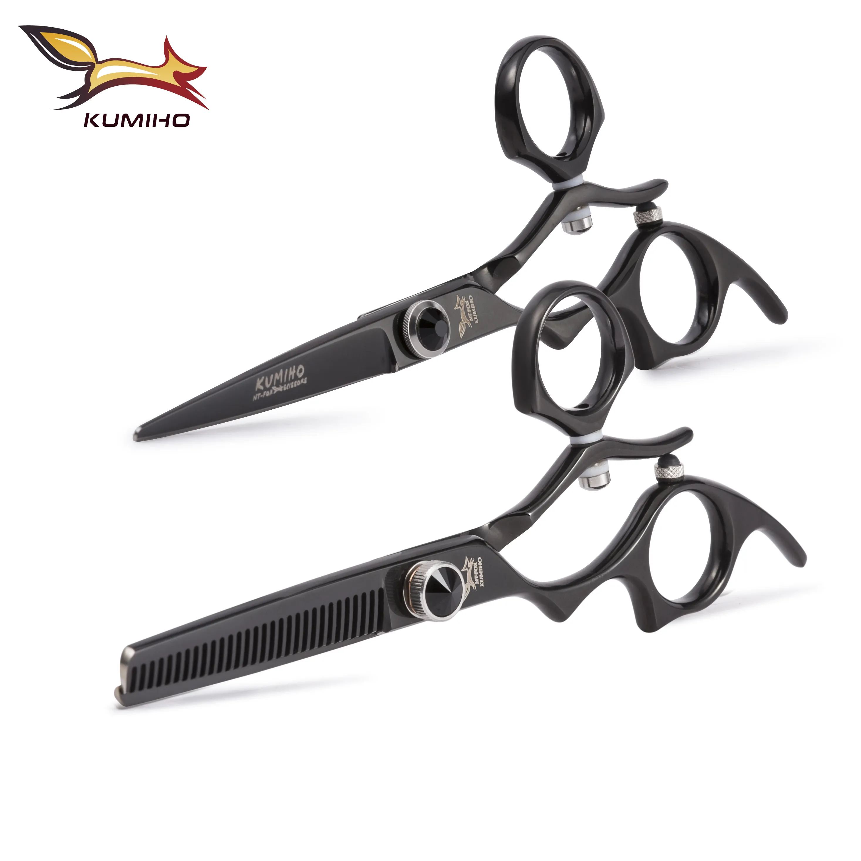 KUMIHO JQZ-55 lefty tijeras de pelo con rotary anillo de dedo de color negro de barbero y adelgazamiento tijeras chino 440c