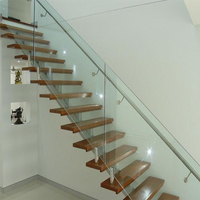 CBMMART Escalier moderne en acier au carbone Garde-corps en verre droit Lumière LED Main courante en bois Marches Escalier en bois de chêne rouge