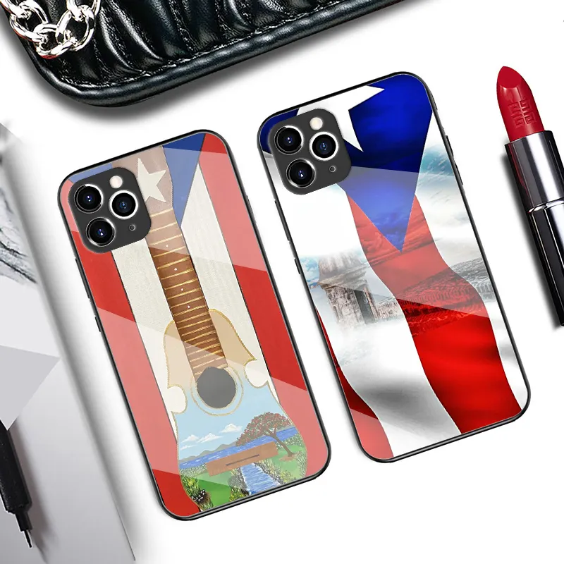 Custom Logo Print Glossy Hard Tempered Glass Phone Case For Iphone 13 Puerto Rico Flag Case For Iphone 13 Pro Max Case Cover -
