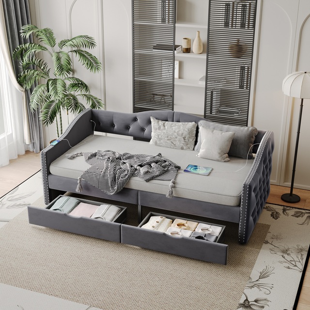 Willsoon European Modern Grey Velvet Tufted Daybed Storage Drawers Nailhead Trim Durable Eco-Friendly Multifunctional Sofa Bed