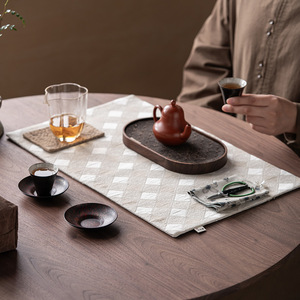 Guanlan Chinese Style Checkered Jacquard Tea Mat <b>Square</b> Heat Resistant <b>Tablecloth</b> For Tea Ceremony - Product Image 4